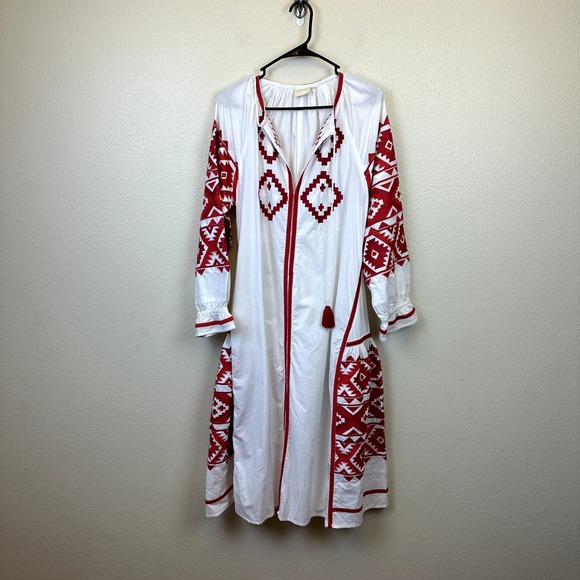 julia amory Dresses & Skirts - JULIA AMORY Sz Medium Miraflores Embroidered Bohemian Boho Dress Midi Red White